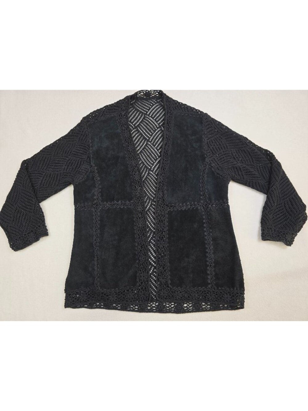 Central Falls XL Black Open Front Cardigan Suede Crochet Long Sleeve Whimsigoth